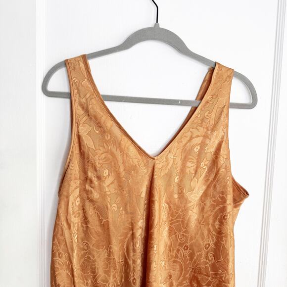 Vintage Satin Embossed Floral Print Slip Dress Orangish Brown Deep V-Neck Large - Picture 10 of 10